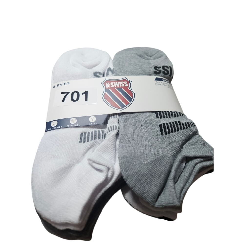 KSwiss Mens Ankle Athletic Socks 6 Pairs White Grey 10-13